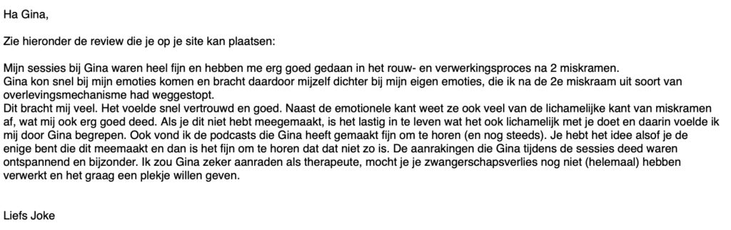 Review Miskraambegeleiding gegeven door Gina Spierenburg in Amsterddam door Joke geschreven